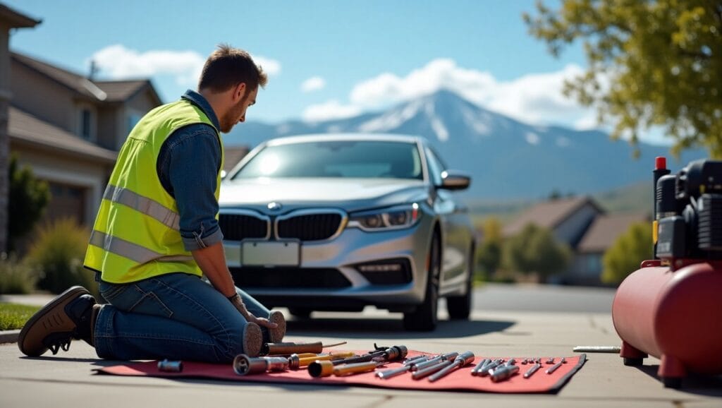 A friendly mobile mechanic in uniform under the hood of a car parked in a sunny El Paso driveway.