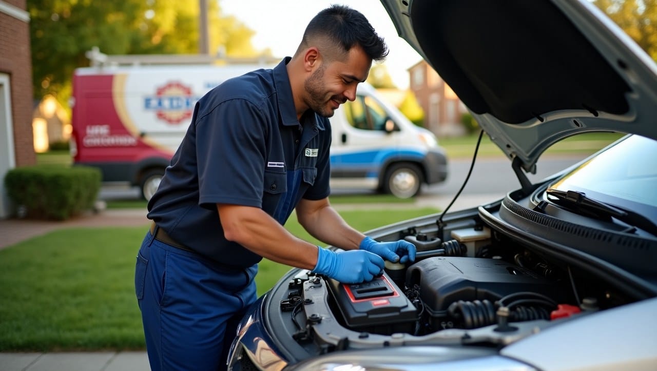 A friendly mobile mechanic in uniform repairing a radiator under the hood of a car parked in a sunny El Paso driveway. The background shows dry desert landscape and suburban homes. The mechanic’s van is nearby with tools neatly displayed.